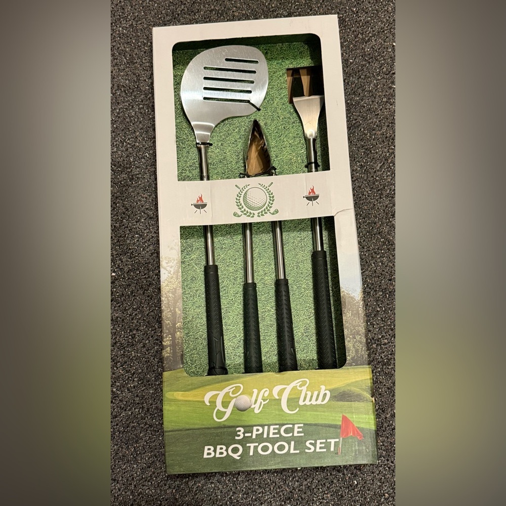 New Golf Club 3-Piece Barbecue BBQ Tool Set Spatula Tong Fork Grips Dad Gift